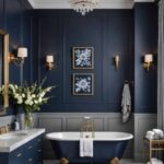 luxurious navy blue and gray Bathroom with clawfoot tub and vanity