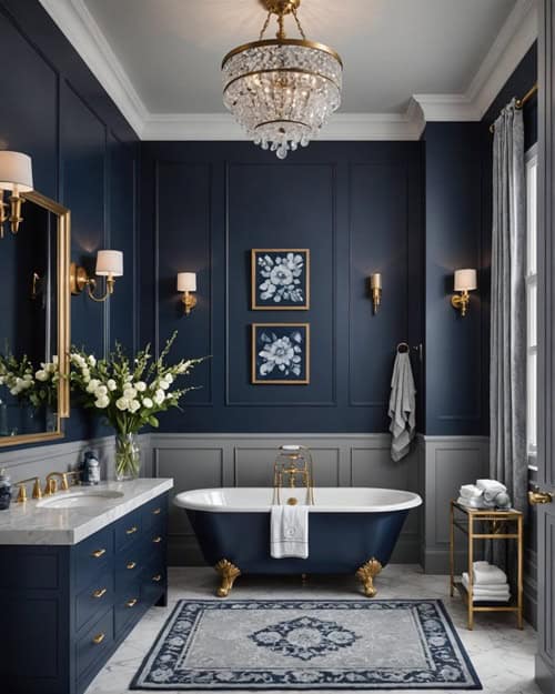 luxurious navy blue and gray Bathroom with clawfoot tub and vanity