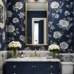 luxurious navy blue and gray Bathroom with floral wallpaper