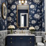 luxurious navy blue and gray Bathroom with floral wallpaper