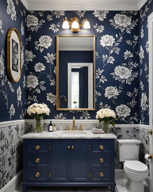 luxurious navy blue and gray Bathroom with floral wallpaper