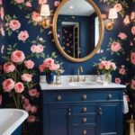 luxurious navy blue and pink Bathroom with floral wallpaper