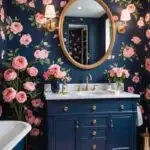 luxurious navy blue and pink Bathroom with floral wallpaper