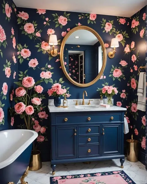 luxurious navy blue and pink Bathroom with floral wallpaper