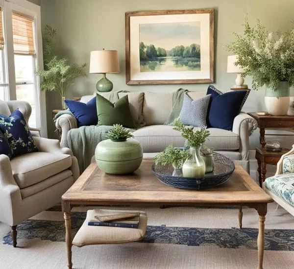 Living room with sage green walls, wood coffee table, and neutral couch