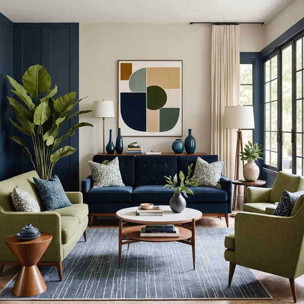 Living room with sage green couch, navy blue couch and neutral curtains