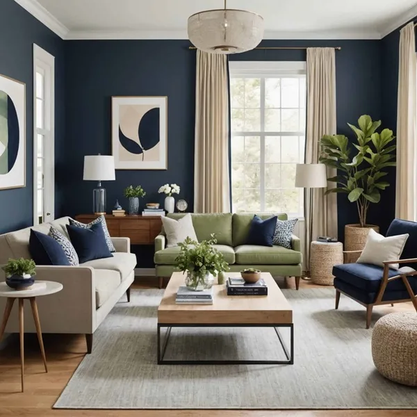 Living room with navy blue walls, round wood coffee table, sage green curtains and couch