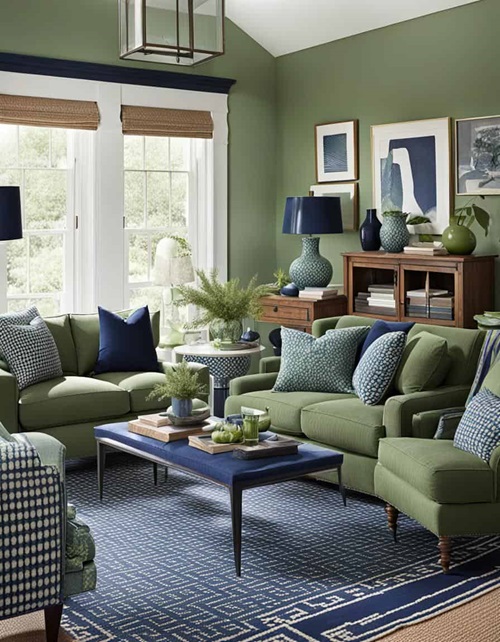 Living room with sage green walls and chairs and navy blue pillows and rug