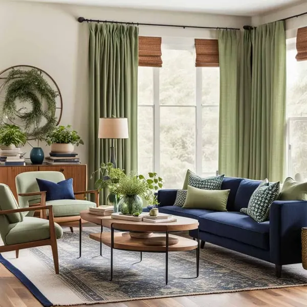 Living room with sage green curtains and chairs and navy blue couch