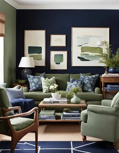 Living room with navy walls, wood coffee table,  and green couch 