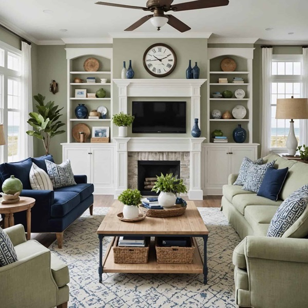 Living room with fireplace, sage green walls, wood coffee table,  and navy and green couches 