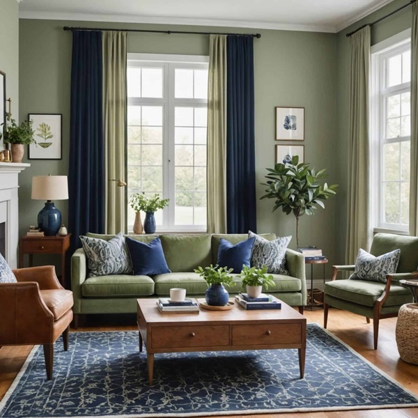 Living room with sage green walls, wood coffee table, and sage and navy curtains