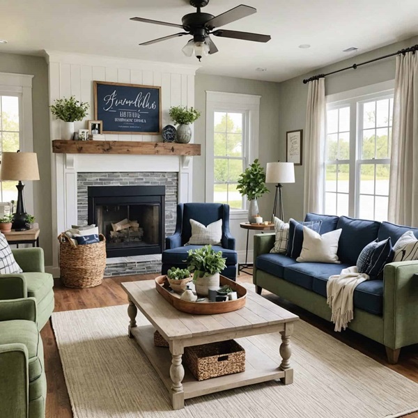 FarmhouseLiving room with sage green walls, wood coffee table, and fireplace