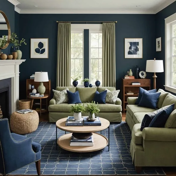 Living room with navy blue walls, round wood coffee table, sage green curtains and couch