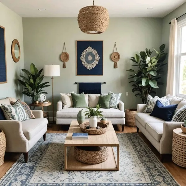 Boho Living room with sage walls, neutral couches and wood coffee table 