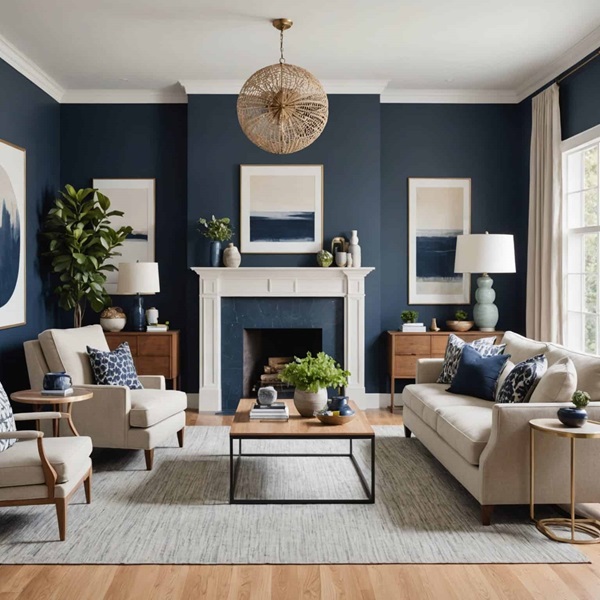 Living room with navy blue walls, neutral couch and fireplace