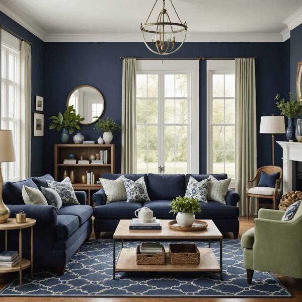 Living room with navy blue walls and couch and sage curtains