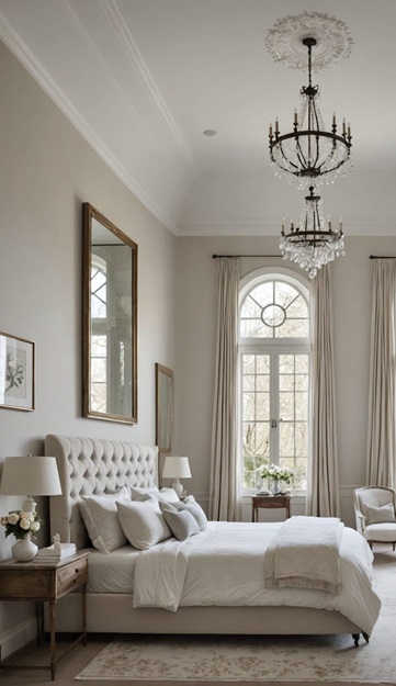 master bedroom with high ceilings and soft whites, and subtle Spring tones