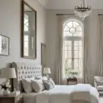 romantic master bedroom with high ceilings and soft whites, and subtle Spring tones