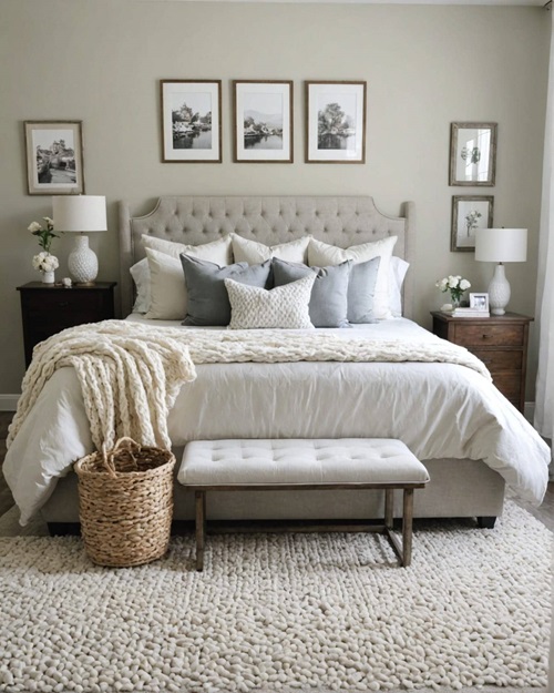 romantic master bedroom with soft whites, subtle Spring tones and a DIY arm knit blanket