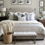 romantic master bedroom with soft whites, subtle Spring tones and a DIY arm knit blanket