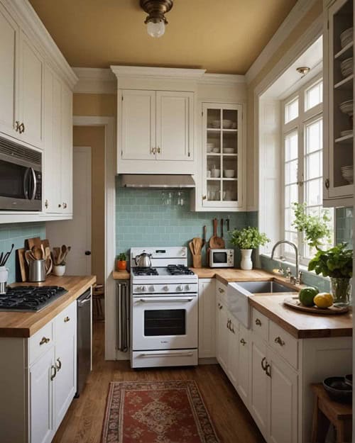 small galley kitchen with cream colored cabinets