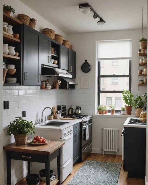 small galley kitchen with dark cabinets
