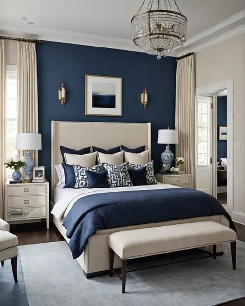 Blue and Cream bedroom with bed and night stands 