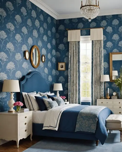 bedroom with bed, night stand, floor to ceiling window, and blue floral wallpaper 