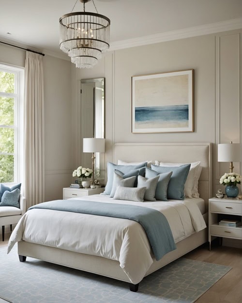 bedroom with bed, night stand, cream walls , floor to ceiling window 