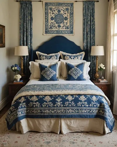 bedroom with bed, night stands cream walls and blue patterned textiles 