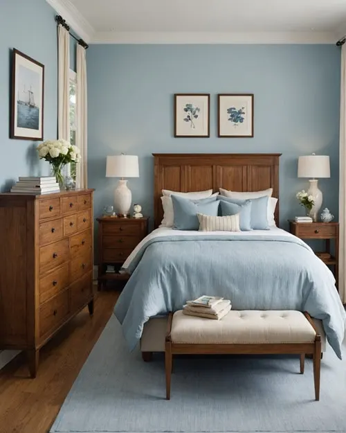 bedroom with bed, night stands , blue walls and wood dresser 