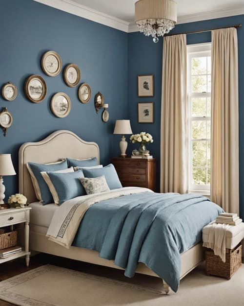 vintage style bedroom with bed, night stand , blue walls and large window with cream curtains 