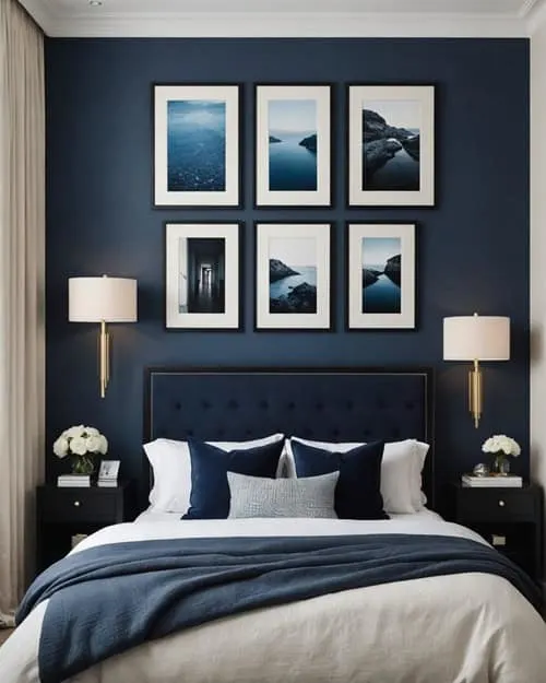 bedroom with be nightstand, navy blue walls and large window with cream curtains 