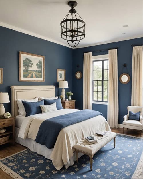 bedroom with bed and night stand with blue walls 