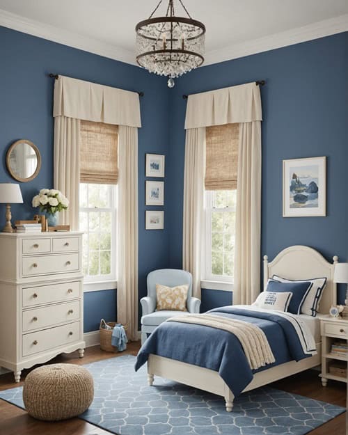 kids bedroom with bed, cream furniture, navy blue walls and large window with cream curtains 