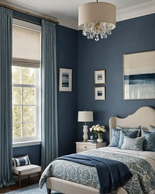 bedroom with bed, cream night stand, blue walls and large art over the bed 