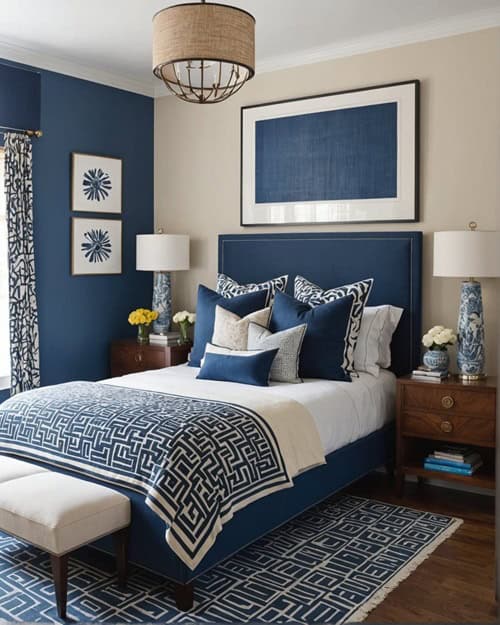 bedroom with bed, wood night stands, blue and cream walls and large art over the bed 