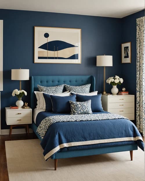 bedroom with bed, night stands, in shades of blue 