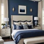 Blue and Cream bedroom with bed and night stands