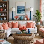 Coastal Living Room with beach themed decor, white couch with coral colored pillows