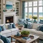 Coastal Living Room with beach themed decor, white couches and fireplace (1)