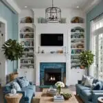 Coastal Living Room with blue couches, fireplace and built in bookcases (1)