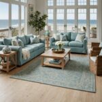 Coastal Living Room with blue couches, windows and light flooring