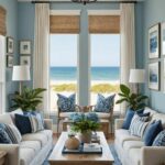 Coastal Living Room with blue walls, couches, windows, and coffee table