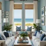 Coastal Living Room with blue walls, couches, windows, and coffee table