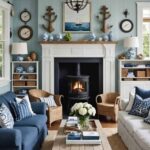 Coastal Living Room with couches, fireplace, and nautical decor