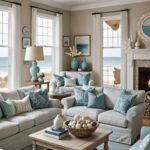 Coastal Living Room with couches, fireplace, and square coffee table and windows