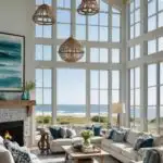 Coastal Living Room with light couches, fireplace, high ceiling and large windows