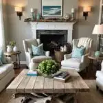 Coastal Living Room with two chairs, a driftwood coffee table and fireplace